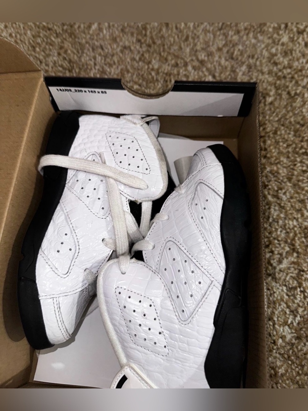 Jordan Retro 6 Kids White and Black Croc-Texture Sneakers